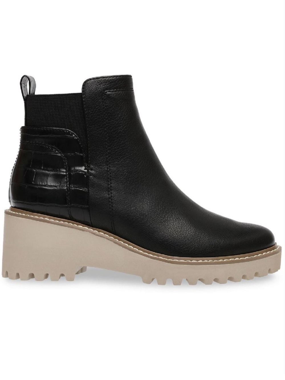 Dolce Vita Black Chelsea Platform Booties Cream Sole Rielle Desert croc detail